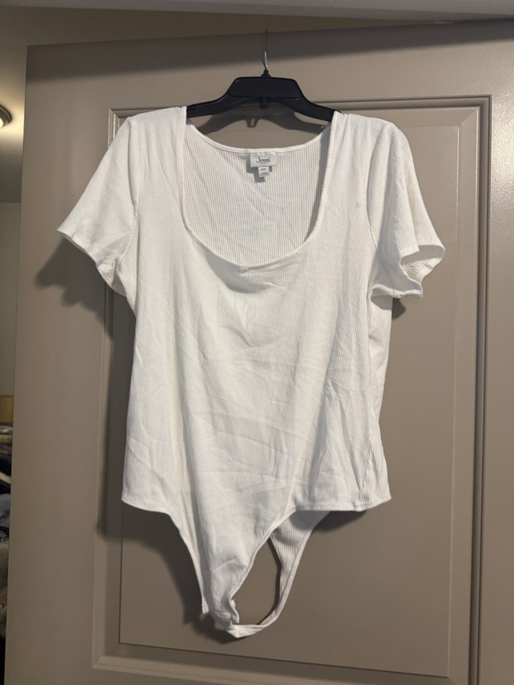 Jenni White Ribbed Short Sleeve Scoop Neck Bodysuit